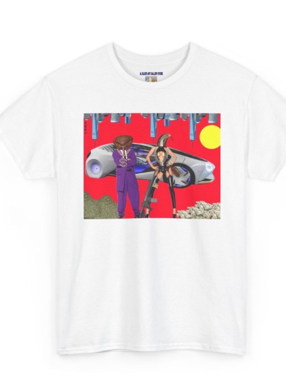 Gildan White Tee with Red Graphic and Purple Accents